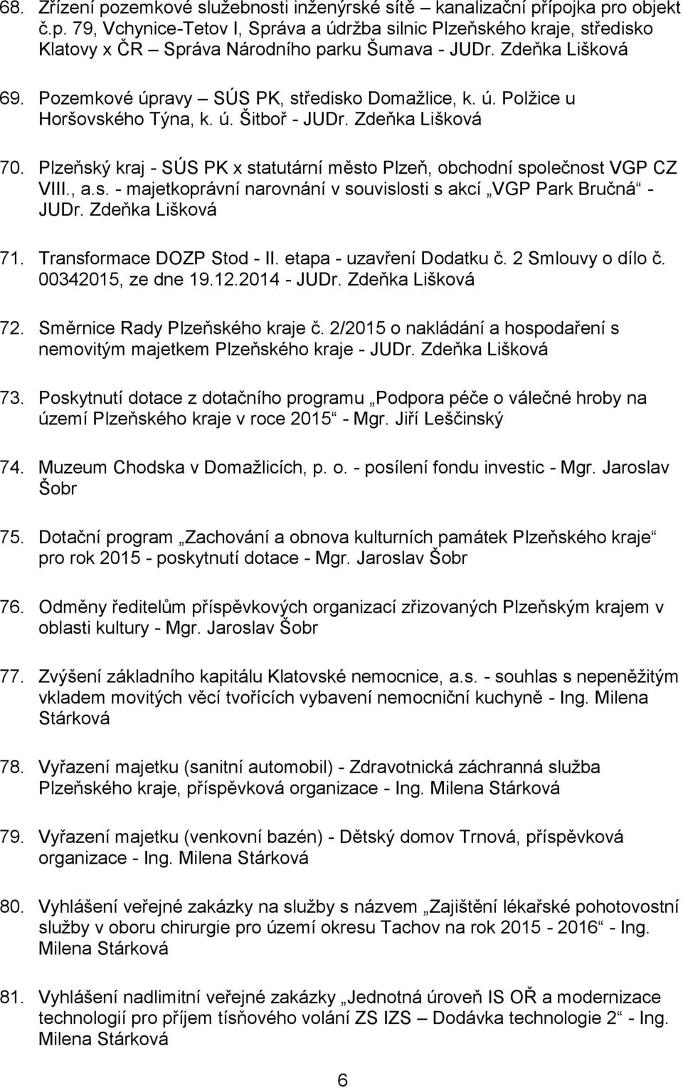 Plzeňský kraj - SÚS PK x statutární město Plzeň, obchodní společnost VGP CZ VIII., a.s. - majetkoprávní narovnání v souvislosti s akcí VGP Park Bručná - JUDr. Zdeňka Lišková 71.