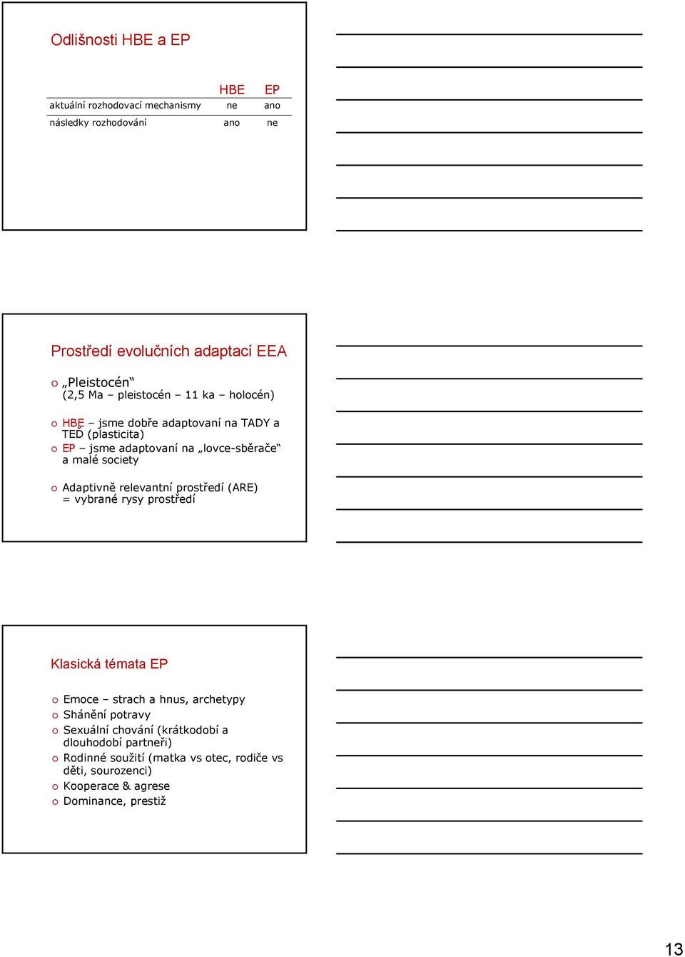 Adaptivně relevantní prostředí (ARE) = vybrané rysy prostředí Klasická témata EP Emoce strach a hnus, archetypy Shánění potravy Sexuální