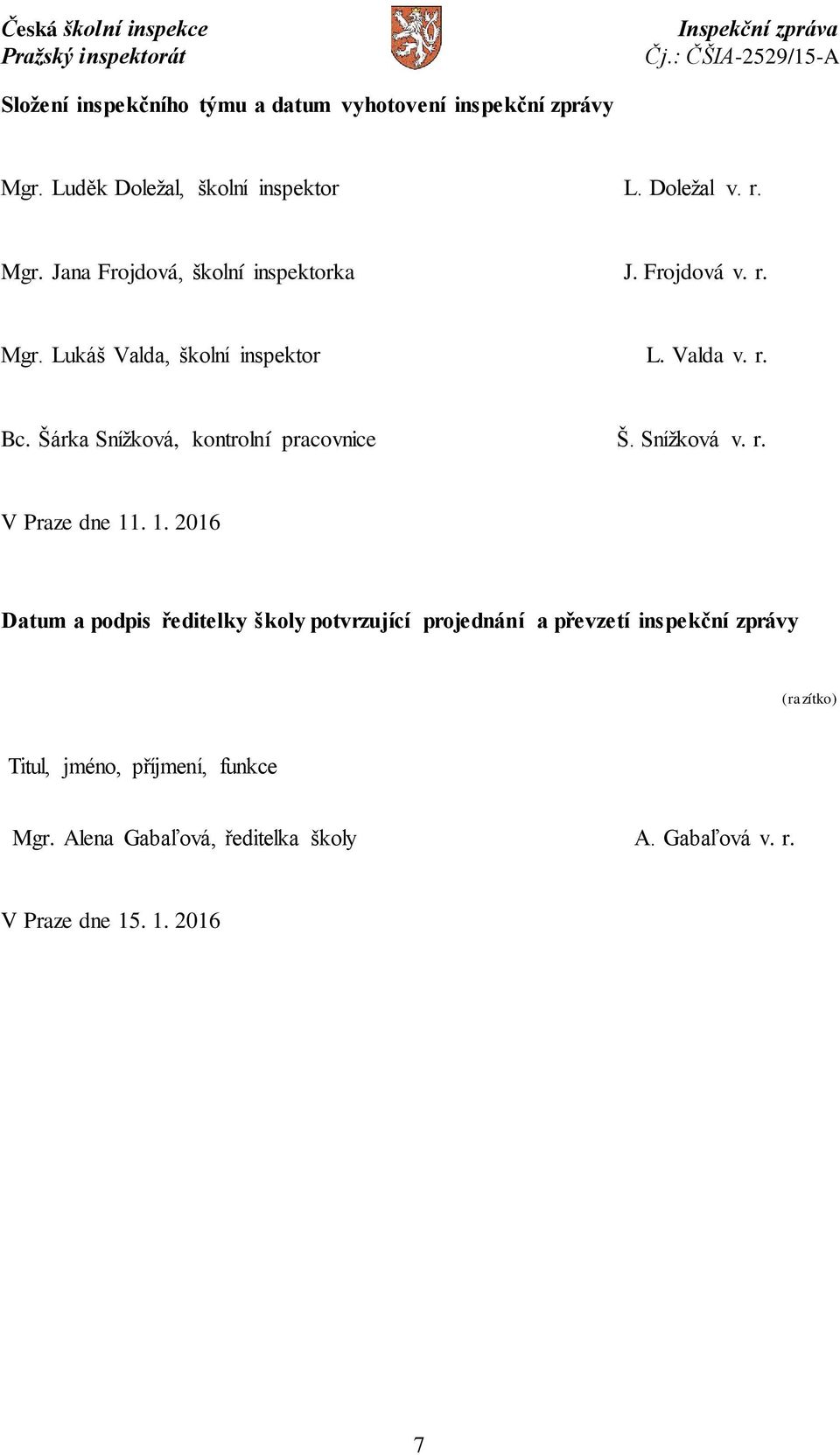 1. 2016 Datum a podpis ředitelky školy potvrzující projednání a převzetí inspekční zprávy (razítko) Titul, jméno, příjmení,