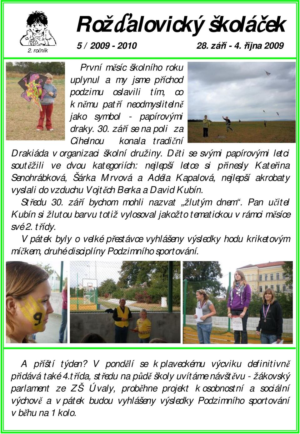 Děti se svými papírovými letci soutěžili ve dvou kategoriích: nejlepší letce si přinesly Kateřina Senohrábková, Šárka Mrvová a Adéla Kapalová, nejlepší akrobaty vyslali do vzduchu Vojtěch Berka a