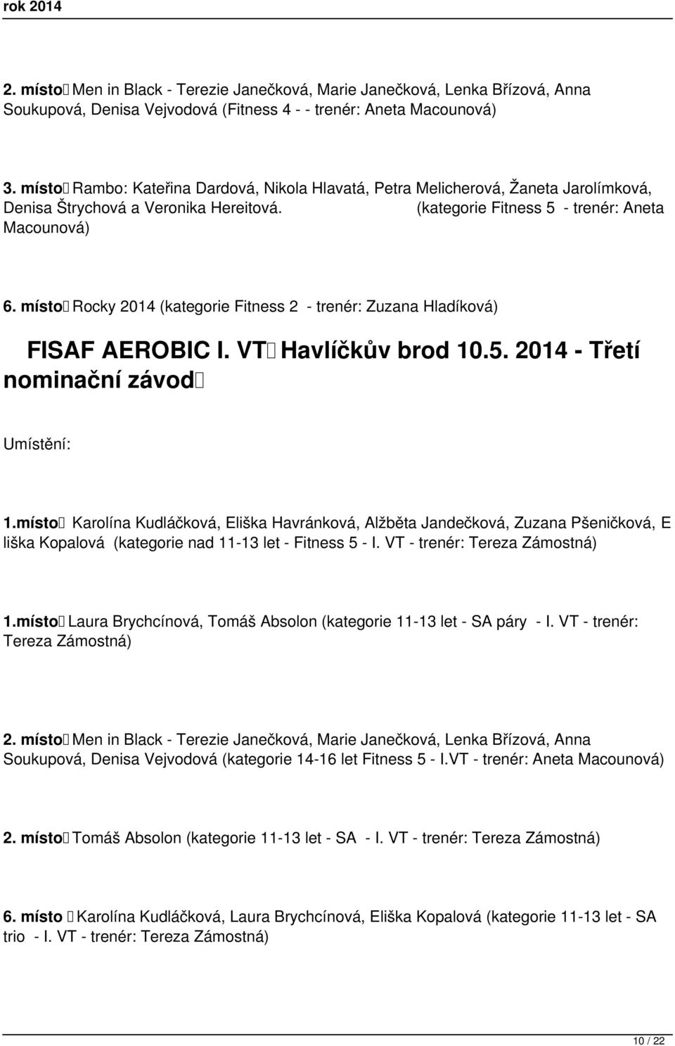 místo Rocky 2014 (kategorie Fitness 2 - trenér: Zuzana Hladíková) FISAF AEROBIC I. VT Havlíčkův brod 10.5. 2014 - Třetí nominační závod 1.