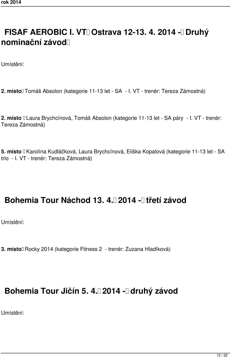 místo Karolína Kudláčková, Laura Brychcínová, Eliška Kopalová (kategorie 11-13 let - SA trio - I.
