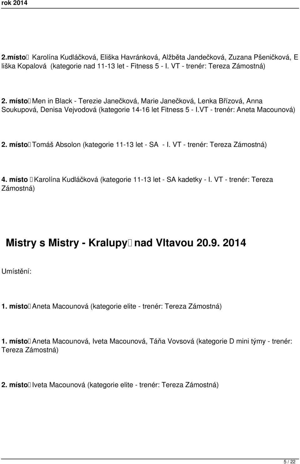 místo Tomáš Absolon (kategorie 11-13 let - SA - I. VT - trenér: 4. místo Karolína Kudláčková (kategorie 11-13 let - SA kadetky - I.