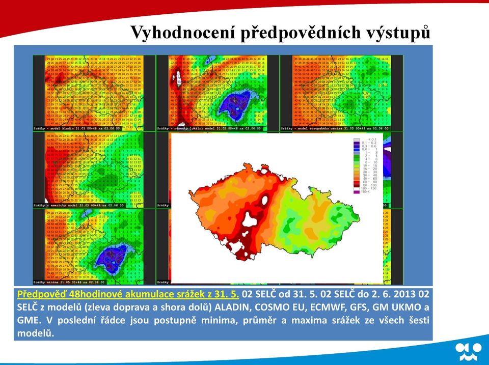 2013 02 SELČ z modelů (zleva doprava a shora dolů) ALADIN, COSMO EU,