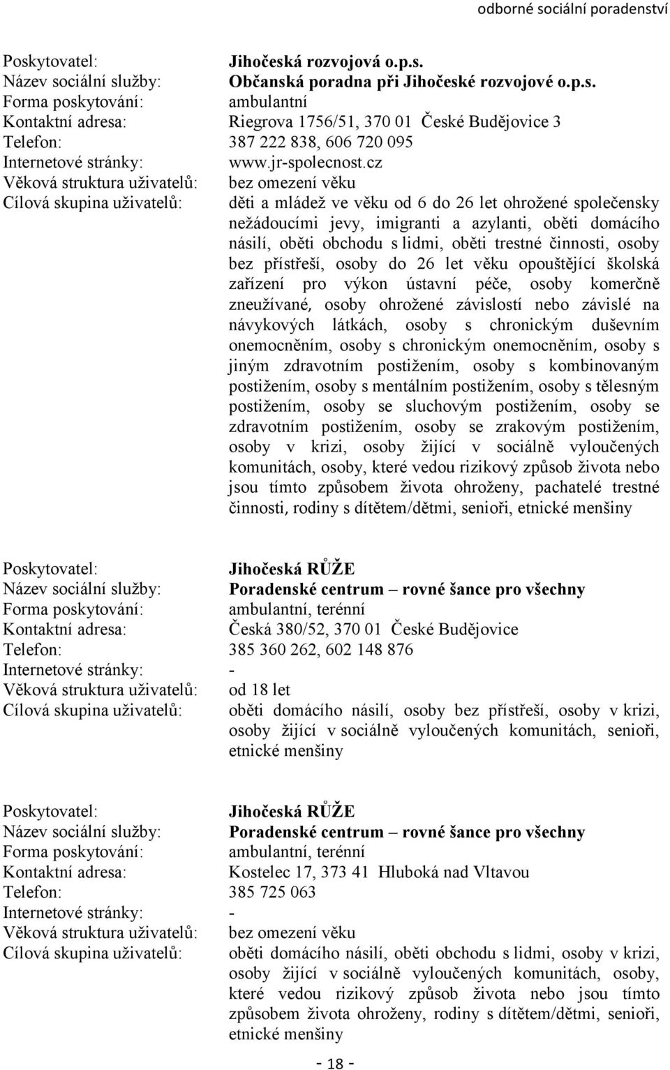 cz Věková struktura uţivatelů: bez omezení věku Cílová skupina uţivatelů: děti a mládeţ ve věku od 6 do 26 let ohroţené společensky neţádoucími jevy, imigranti a azylanti, oběti domácího násilí,