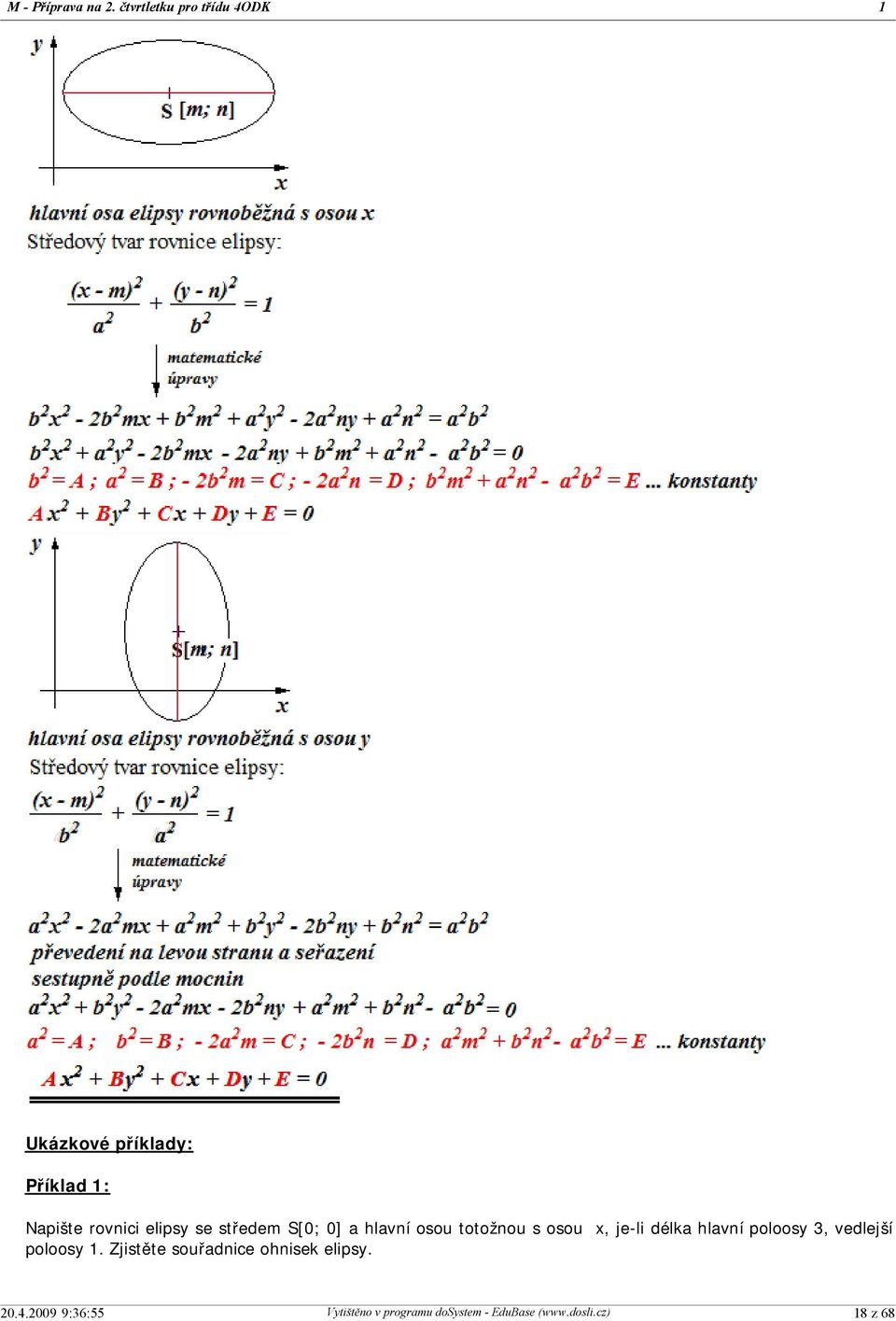 rovnici elipsy se středem S[0; 0] a hlavní osou totožnou s osou