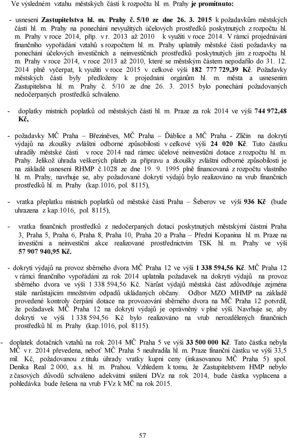 Prahy uplatnily městské části požadavky na ponechání účelových investičních a neinvestičních prostředků poskytnutých jim z rozpočtu hl. m. Prahy v roce 2014, v roce 2013 až 2010, které se městským částem nepodařilo do 31.