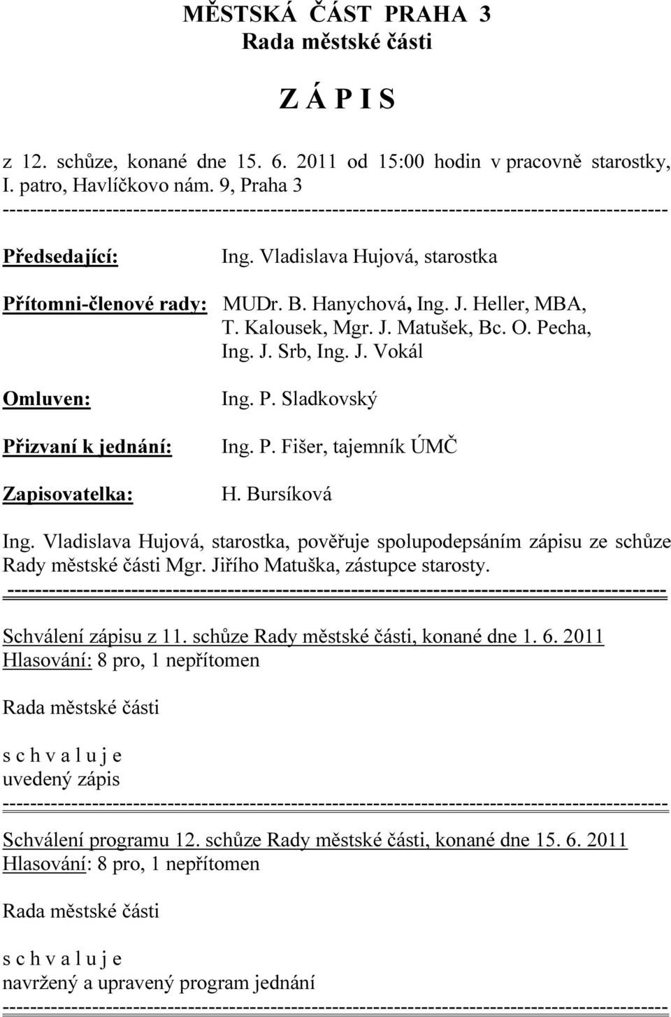 P. Sladkovský Ing. P. Fišer, tajemník ÚMČ H. Bursíková Ing. Vladislava Hujová, starostka, pověřuje spolupodepsáním zápisu ze schůze Rady městské části Mgr. Jiřího Matuška, zástupce starosty.