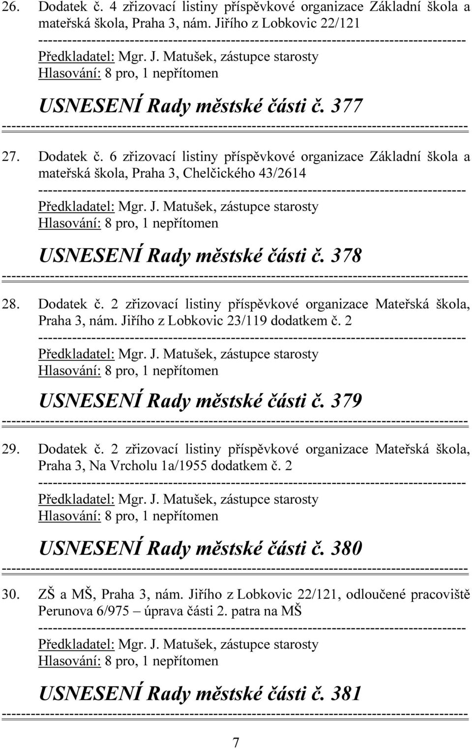 2 USNESENÍ Rady městské části č. 380 30. ZŠ a MŠ, Praha 3, nám. Jiřího z Lobkovic 22/121, odloučené pracoviště Perunova 6/975 úprava části 2. patra na MŠ USNESENÍ Rady městské části č. 381 7