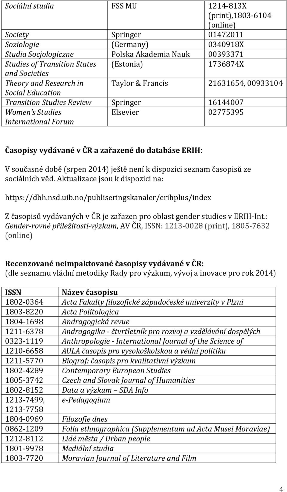 02775395 Časopisy vydávané v ČR a zařazené do databáse ERIH: V současné době (srpen 2014) ještě není k dispozici seznam časopisů ze sociálních věd. Aktualizace jsou k dispozici na: https://dbh.nsd.