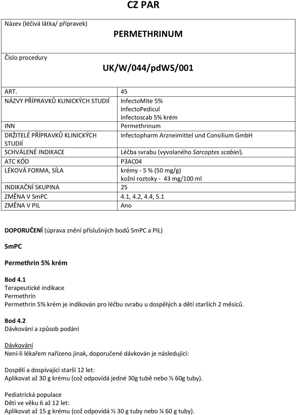INDIKACE Léčba svrabu (vyvolaného Sarcoptes scabiei). ATC KÓD P3AC04 LÉKOVÁ FORMA, SÍLA krémy - 5 % (50 mg/g) kožní roztoky - 43 mg/100 ml INDIKAČNÍ SKUPINA 25 ZMĚNA V SmPC 4.1, 4.2, 4.4, 5.