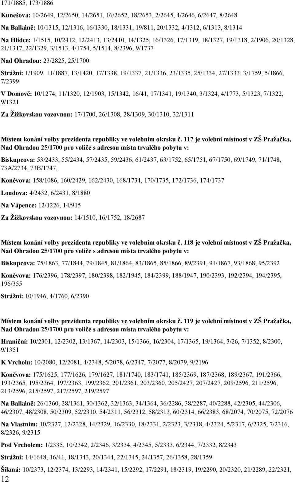 Strážní: 1/1909, 11/1887, 13/1420, 17/1338, 19/1337, 21/1336, 23/1335, 25/1334, 27/1333, 3/1759, 5/1866, 7/2399 V Domově: 10/1274, 11/1320, 12/1903, 15/1342, 16/41, 17/1341, 19/1340, 3/1324, 4/1773,