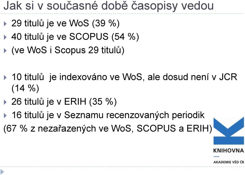 WoS, ale dosud není v JCR (14 %) 26 titulů je v ERIH (35 %) 16 titulů je v