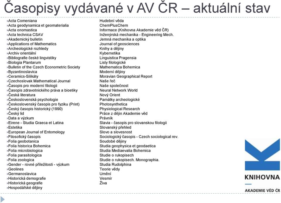 Akademický bulletin Jemná mechanika a optika Applications of Mathematics Journal of geosciences Archeologické rozhledy Knihy a dějiny Archiv orientální Kybernetika Bibliografie české lingvistiky