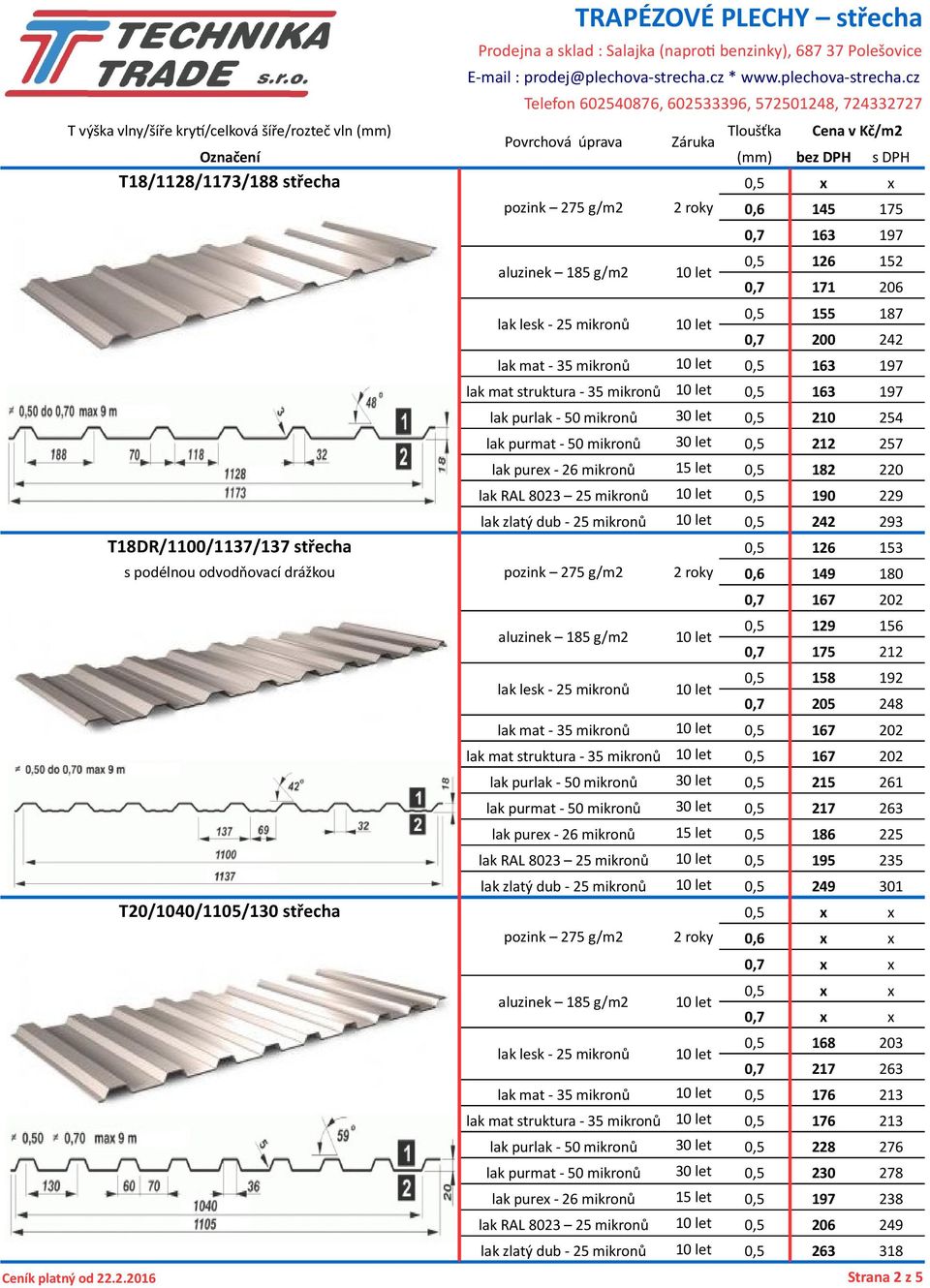 25 mikronů 10 let 0,5 242 293 T18DR/1100/1137/137 střecha 0,5 126 153 s podélnou odvodňovací drážkou pozink 275 g/m2 2 roky 0,6 149 180 0,7 167 202 0,5 129 156 0,7 175 212 0,5 158 192 0,7 205 248 lak