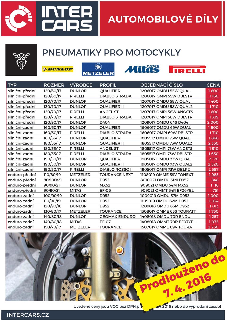 PIRELLI ANGEL ST 1207017 OMPI 58W ANGST$ 1 600 silniční-přední 120/70/17 PIRELLI DIABLO STRADA 1207017 OMPI 58W DBLSTR 1 339 silniční-přední 120/90/17 DUNLOP D404 1209017 OMDU 64S D404 2 000