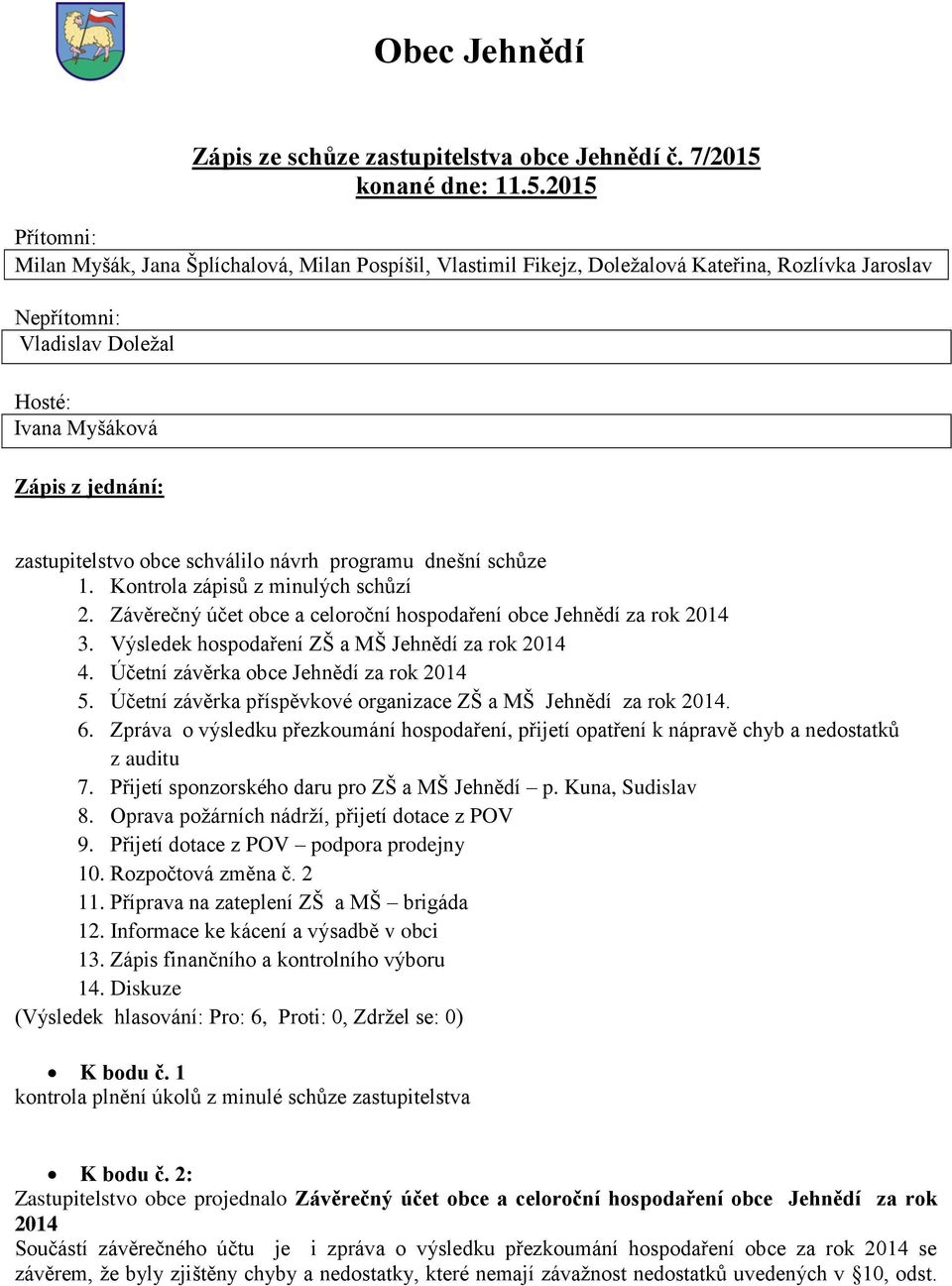 2015 Přítomni: Milan Myšák, Jana Šplíchalová, Milan Pospíšil, Vlastimil Fikejz, Doležalová Kateřina, Rozlívka Jaroslav Nepřítomni: Vladislav Doležal Hosté: Ivana Myšáková Zápis z jednání: