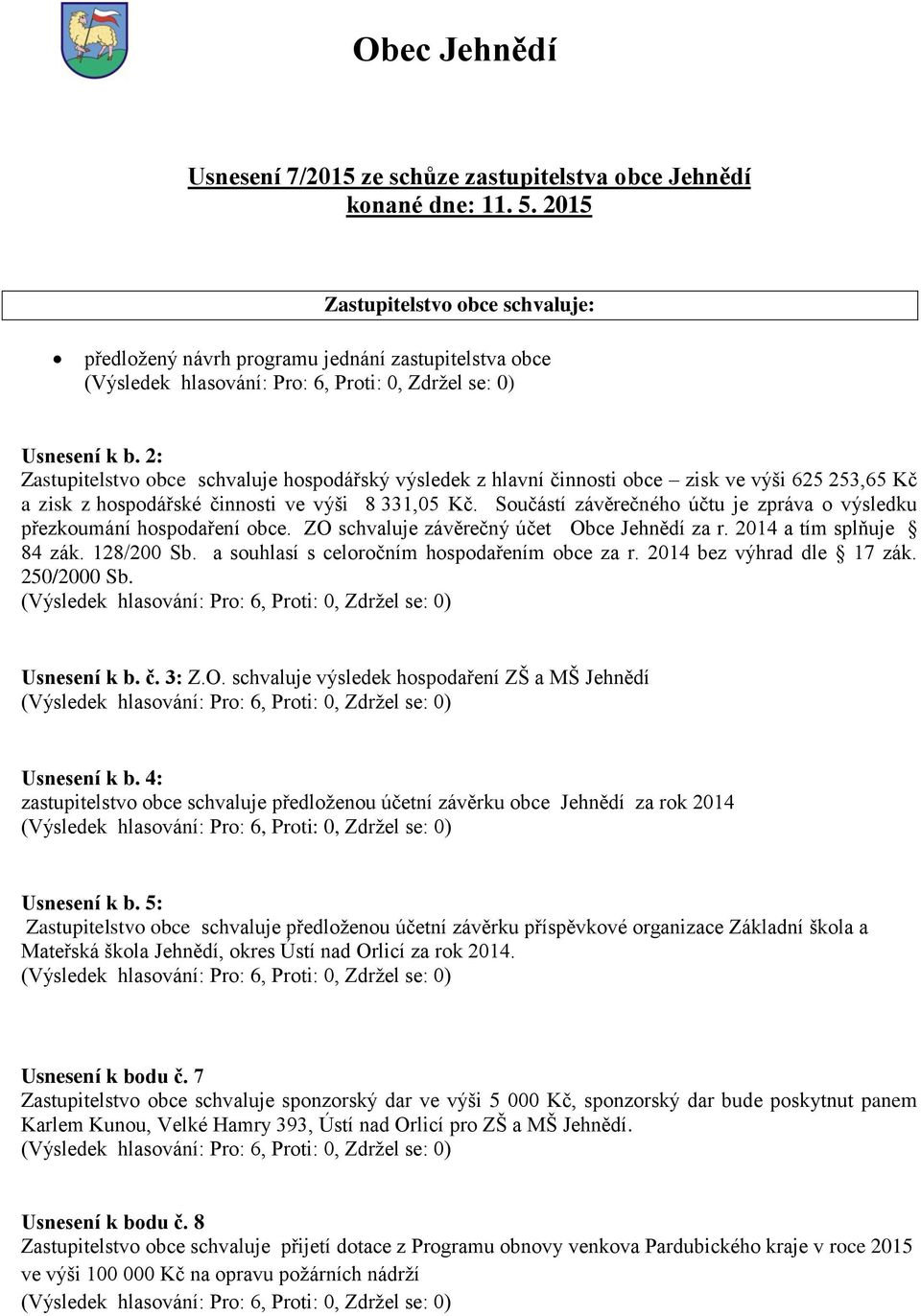 Součástí závěrečného účtu je zpráva o výsledku přezkoumání hospodaření obce. ZO schvaluje závěrečný účet Obce Jehnědí za r. 2014 a tím splňuje 84 zák. 128/200 Sb.