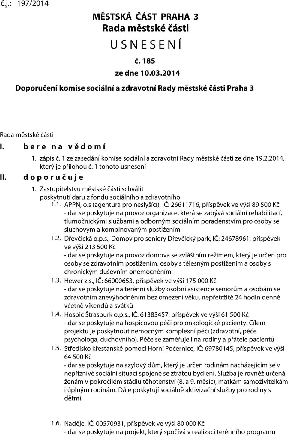 Zastupitelstvu městské části schválit poskytnutí daru z fondu sociálního a zdravotního 1.1. APPN, o.