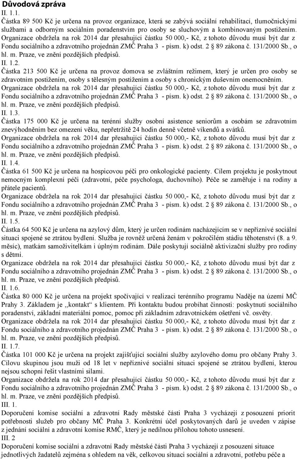 Organizace obdržela na rok 2014 dar přesahující částku 50 000, Kč, z tohoto důvodu musí být dar z Fondu sociálního a zdravotního projednán ZMČ Praha 3 písm. k) odst. 2 89 zákona č. 131/2000 Sb., o II.
