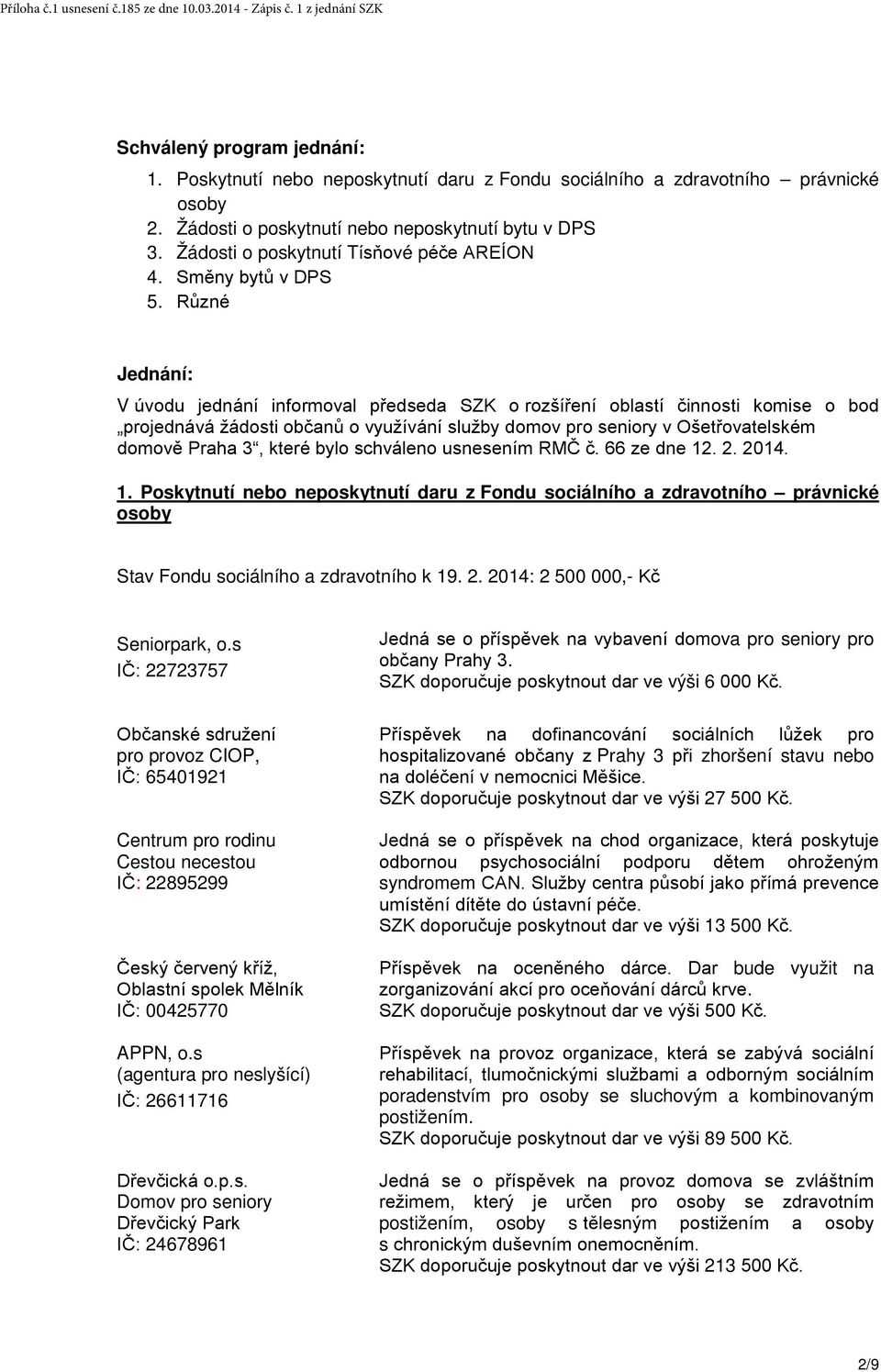 Různé Jednání: V úvodu jednání informoval předseda SZK o rozšíření oblastí činnosti komise o bod projednává žádosti občanů o využívání služby domov pro seniory v Ošetřovatelském domově Praha 3, které