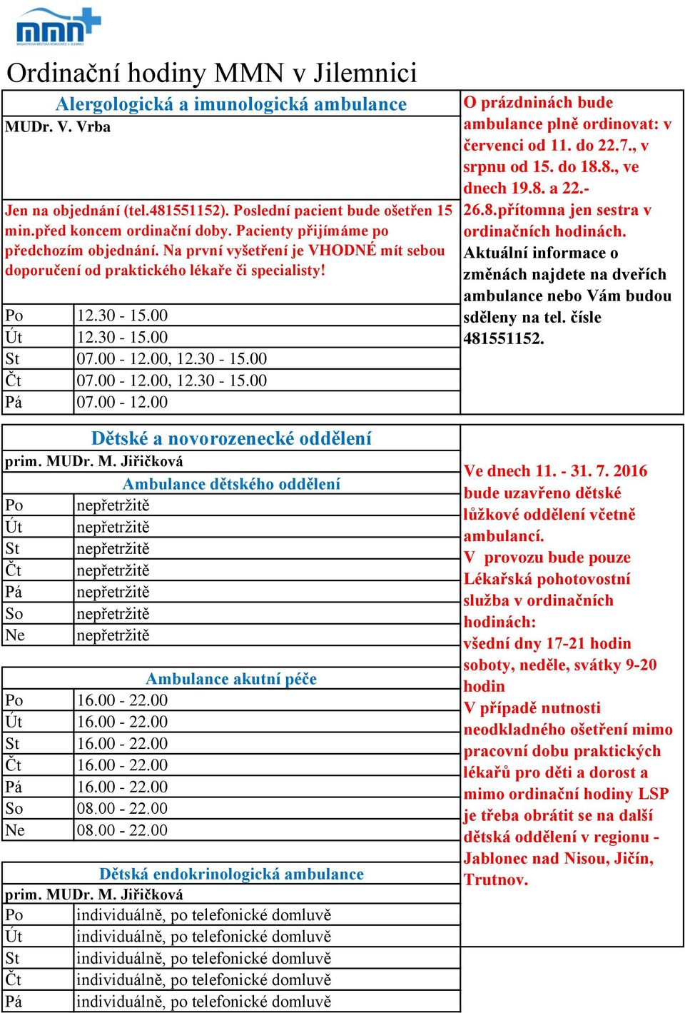 Ordinační hodiny MMN v Jilemnici - PDF Stažení zdarma