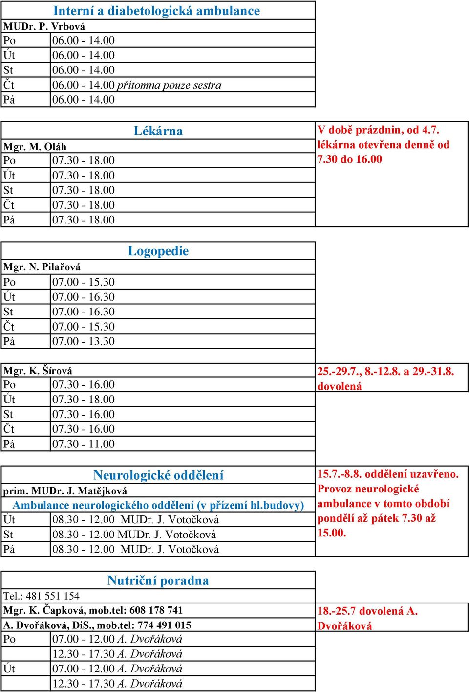 00 Lékárna Logopedie V době prázdnin, od 4.7. lékárna otevřena denně od 7.30 do 16.00 25.-29.7., 8.-12.8. a 29.-31.8. dovolená Neurologické oddělení prim. MUDr. J.