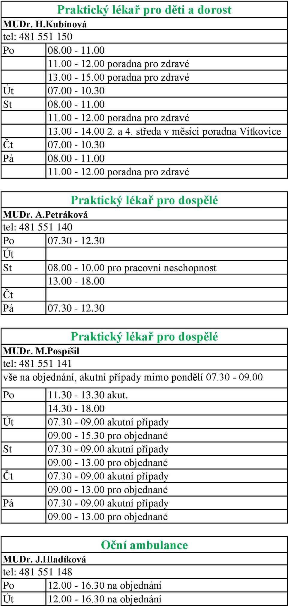 00-18.00 Čt 07.30-12.30 Praktický lékař pro dospělé MUDr. M.Pospíšil tel: 481 551 141 vše na objednání, akutní případy mimo pondělí 07.30-09.00 Po Út Čt Praktický lékař pro dospělé 11.30-13.30 akut.