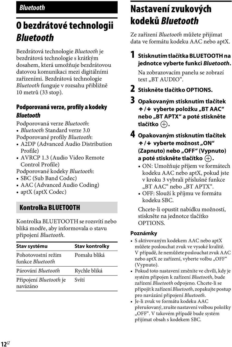 0 Podporované profily Bluetooth: A2DP (Advanced Audio Distribution Profile) AVRCP 1.
