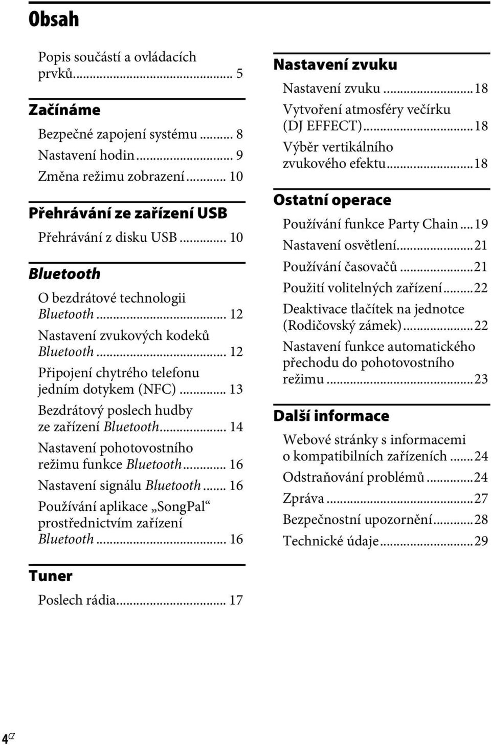 .. 14 Nastavení pohotovostního režimu funkce Bluetooth... 16 Nastavení signálu Bluetooth... 16 Používání aplikace SongPal prostřednictvím zařízení Bluetooth... 16 Nastavení zvuku Nastavení zvuku.
