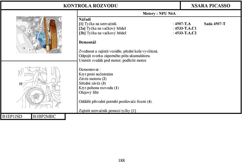 Odpojit svorku záporného pólu akumulátoru. Umístit zvedák pod motor, podložit motor.