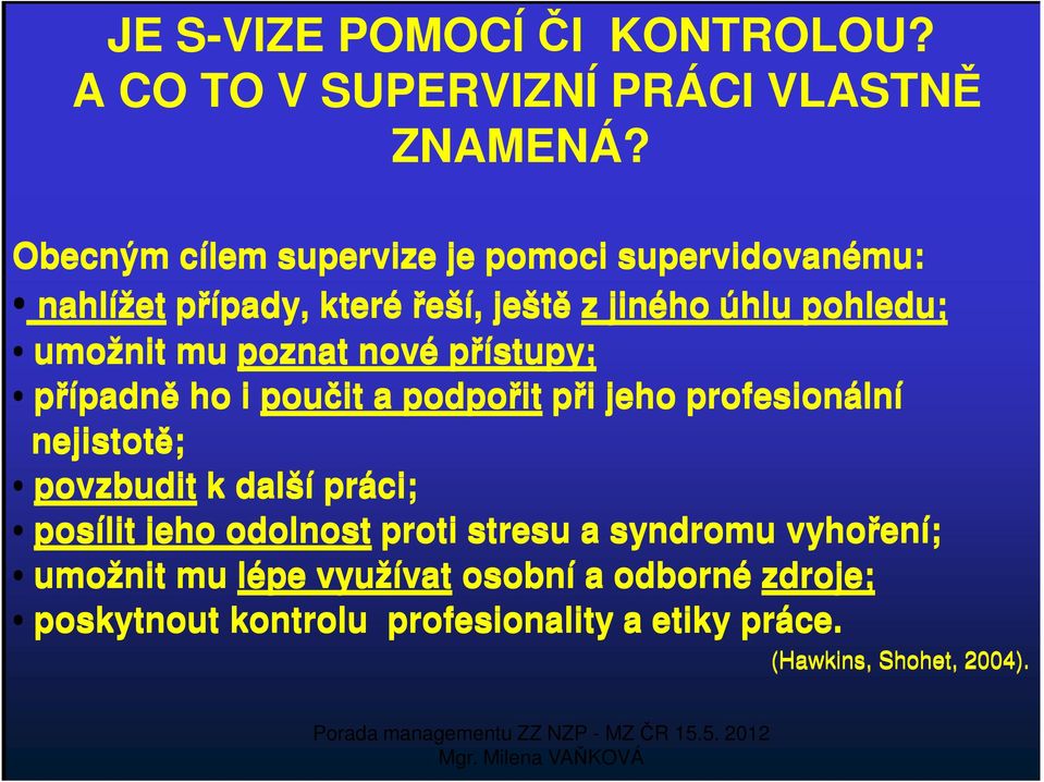 poznat nové přístupy; případně ho i poučit a podpořit při jeho profesionální nejistotě; povzbudit k další práci; posílit