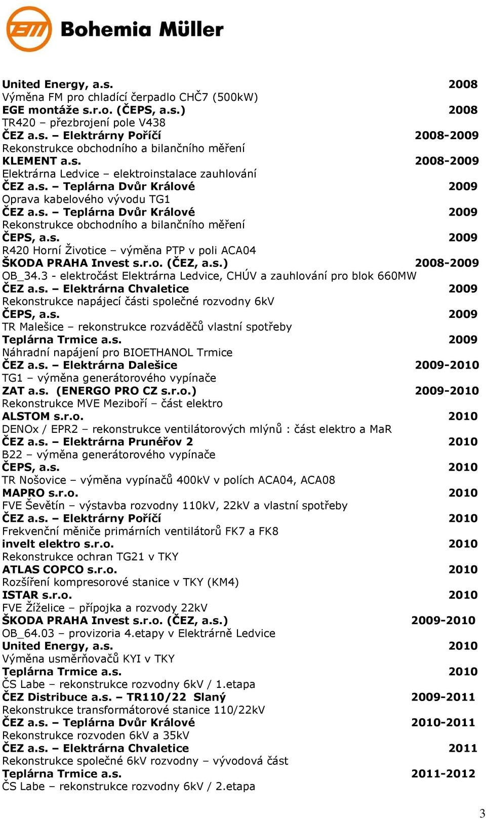 s. 2009 R420 Horní Životice výměna PTP v poli ACA04 ŠKODA PRAHA Invest s.r.o. (ČEZ, a.s.) 2008-2009 OB_34.3 - elektročást Elektrárna Ledvice, CHÚV a zauhlování pro blok 660MW ČEZ a.s. Elektrárna Chvaletice 2009 Rekonstrukce napájecí části společné rozvodny 6kV ČEPS, a.