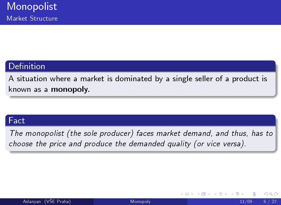 Fact The monopolist (the sole producer) faces market demand, and thus, has to
