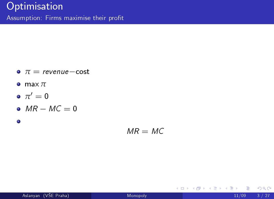 cost max π π 0 = 0 MR MC = 0 MR =