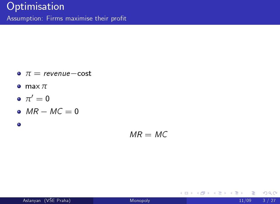 cost max π π 0 = 0 MR MC = 0 MR =