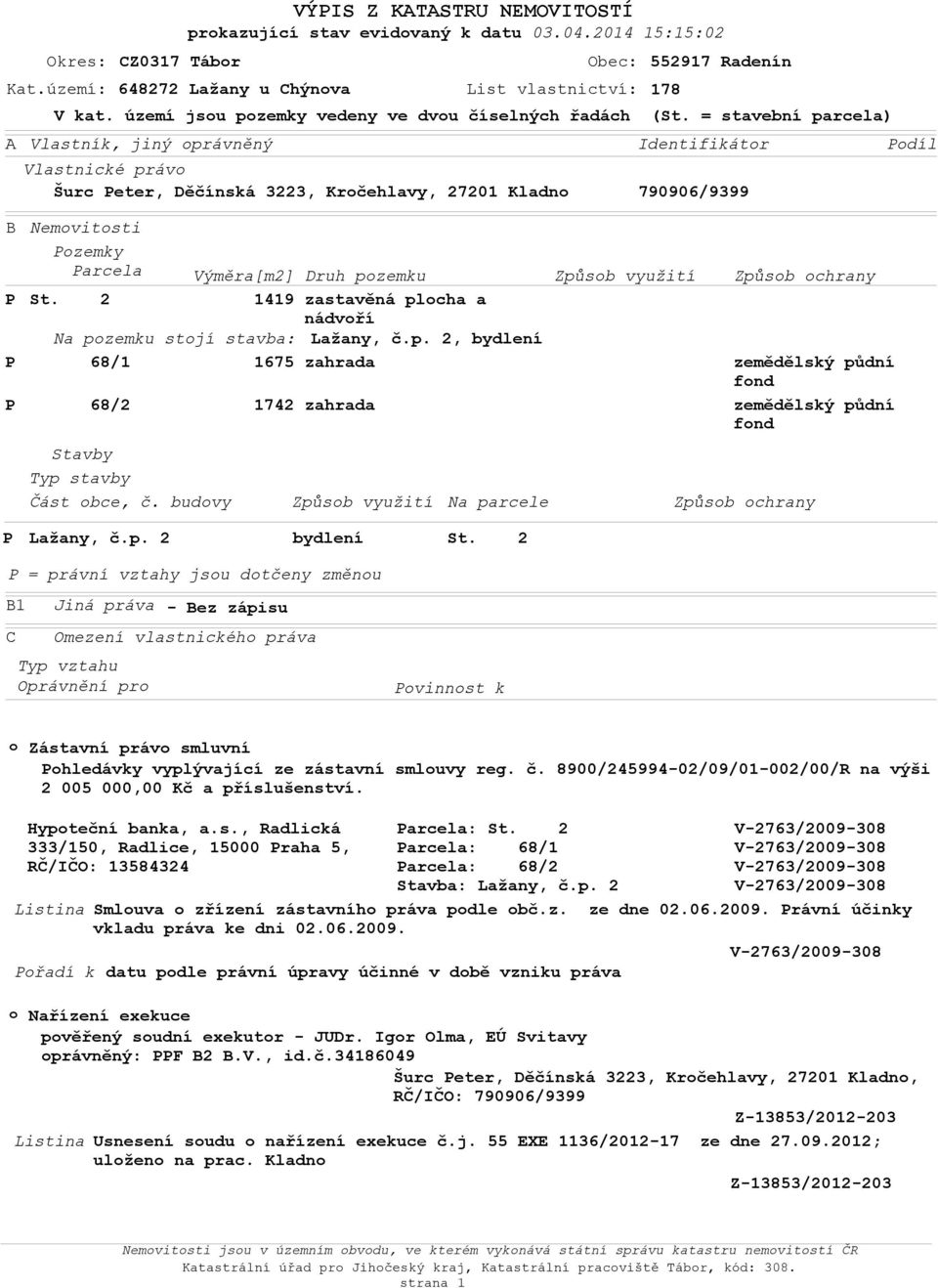 = stavební parcela) Identifikátr Vlastnické práv Šurc eter, Děčínská 3223, Krčehlavy, 27201 Kladn 790906/9399 díl B Nemvitsti zemky arcela Výměra[m2] Druh pzemku Způsb využití Způsb chrany St.