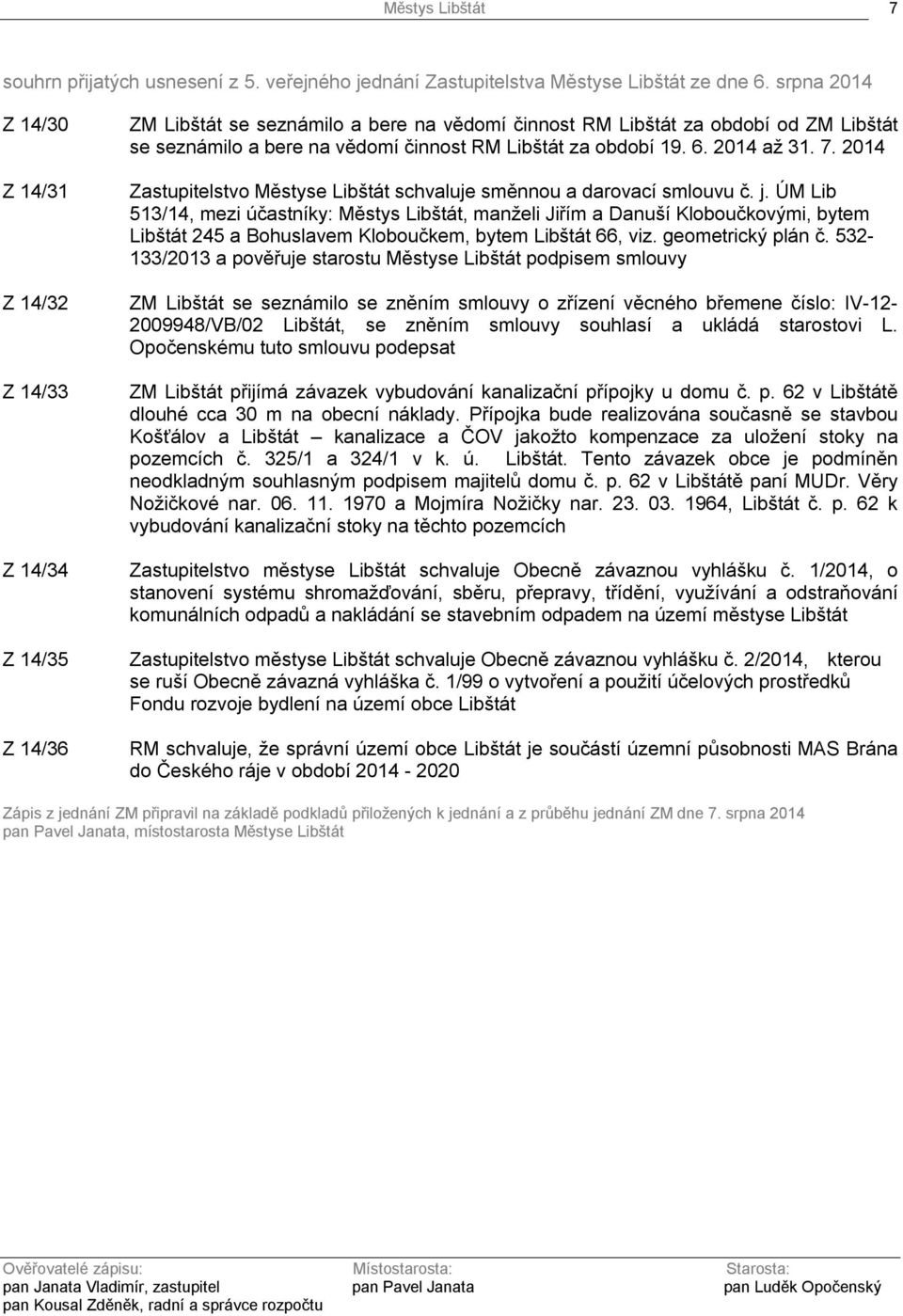 za období 19. 6. 2014 až 31. 7. 2014 Zastupitelstvo Městyse Libštát schvaluje směnnou a darovací smlouvu č. j.