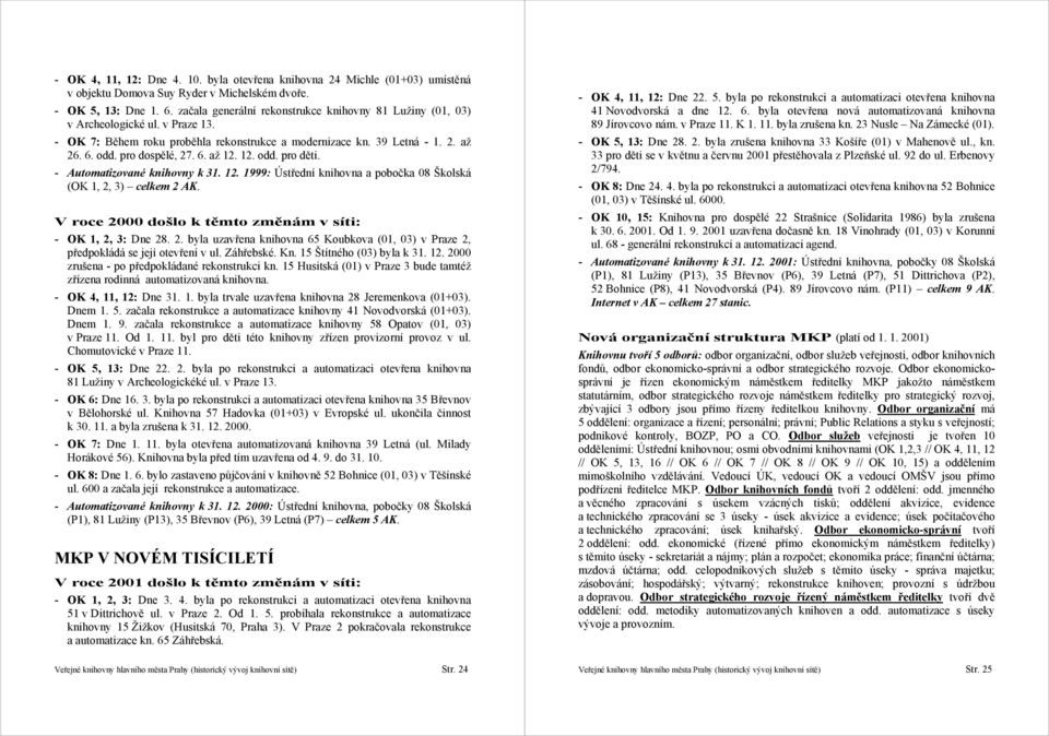 12. odd. pro děti. - Automatizované knihovny k 31. 12. 1999: Ústřední knihovna a pobočka 08 Školská (OK 1, 2, 3) celkem 2 AK. V roce 2000 došlo k těmto změnám v síti: - OK 1, 2, 3: Dne 28. 2. byla uzavřena knihovna 65 Koubkova (01, 03) v Praze 2, předpokládá se její otevření v ul.