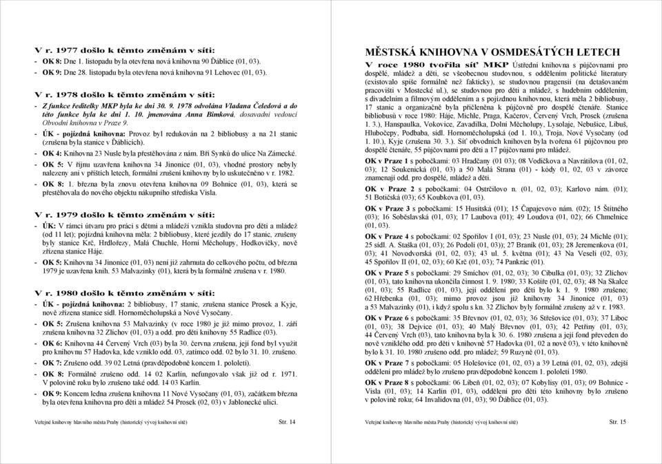 jmenována Anna Bimková, dosavadní vedoucí Obvodní knihovna v Praze 9. - ÚK - pojízdná knihovna: Provoz byl redukován na 2 bibliobusy a na 21 stanic (zrušena byla stanice v Ďáblicích).