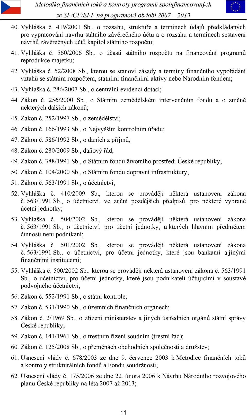 Vyhláška č. 560/2006 Sb., o účasti státního rozpočtu na financování programů reprodukce majetku; 42. Vyhláška č. 52/2008 Sb.