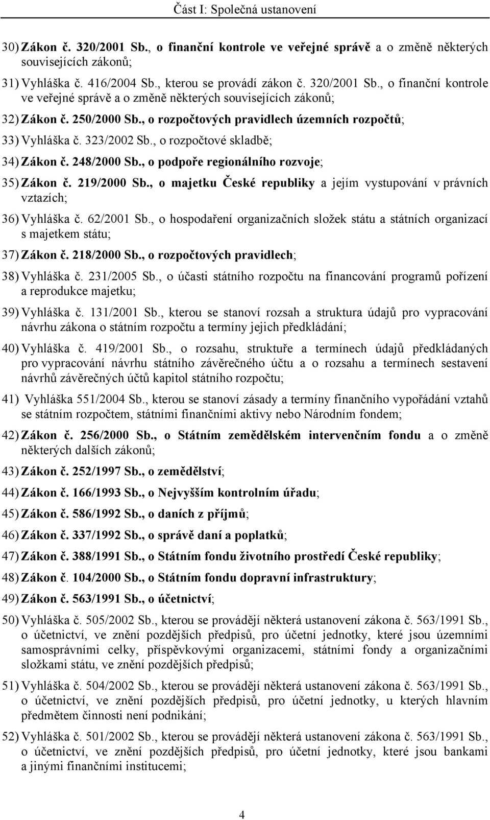 , o rozpočtové skladbě; 34) Zákon č. 248/2000 Sb., o podpoře regionálního rozvoje; 35) Zákon č. 219/2000 Sb., o majetku České republiky a jejím vystupování v právních vztazích; 36) Vyhláška č.