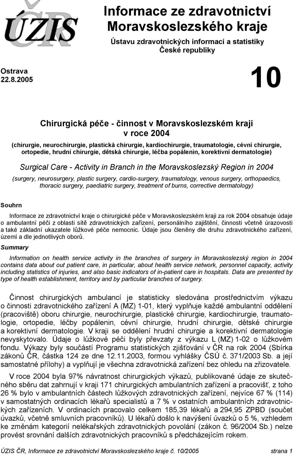 dětská chirurgie, léčba popálenin, korektivní dermatologie) Surgical Care - Activity in Branch in the Moravskoslezský Region in 2004 (surgery, neurosurgery, plastic surgery, cardio-surgery,