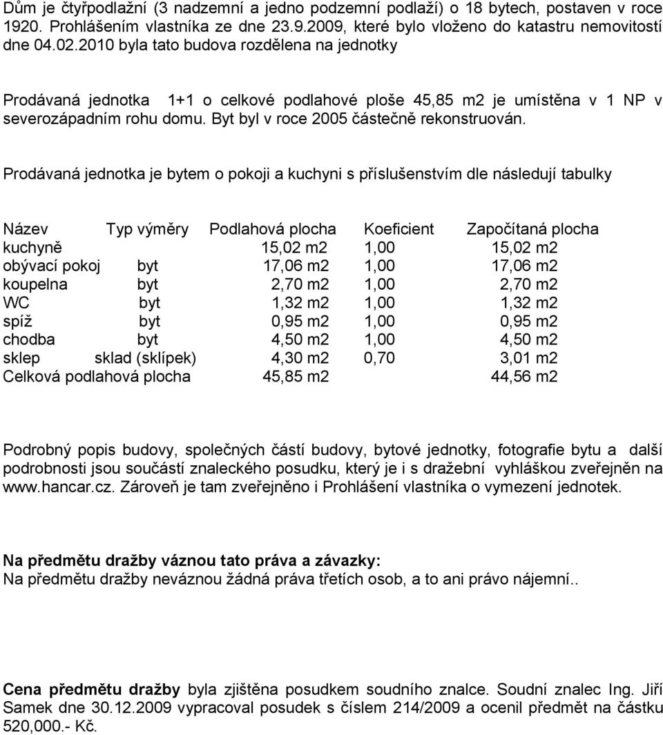Prodávaná jednotka je bytem o pokoji a kuchyni s příslušenstvím dle následují tabulky Název Typ výměry Podlahová plocha Koeficient Započítaná plocha kuchyně 15,02 m2 1,00 15,02 m2 obývací pokoj byt