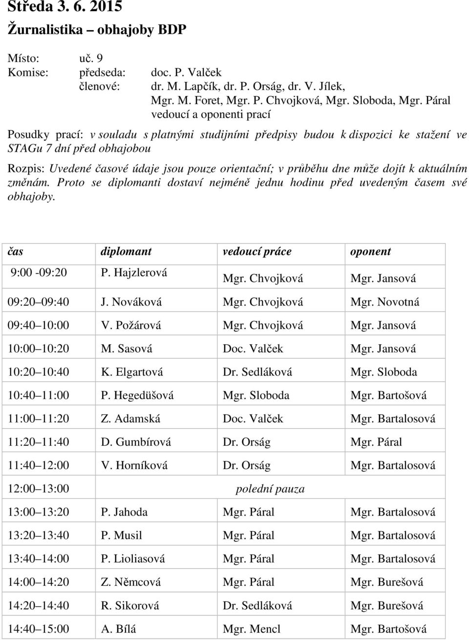 Proto se diplomanti dostaví nejméně jednu hodinu před uvedeným časem své obhajoby. čas diplomant vedoucí práce oponent 9:00-09:20 P. Hajzlerová Mgr. Chvojková Mgr. Jansová 09:20 09:40 J. Nováková Mgr.