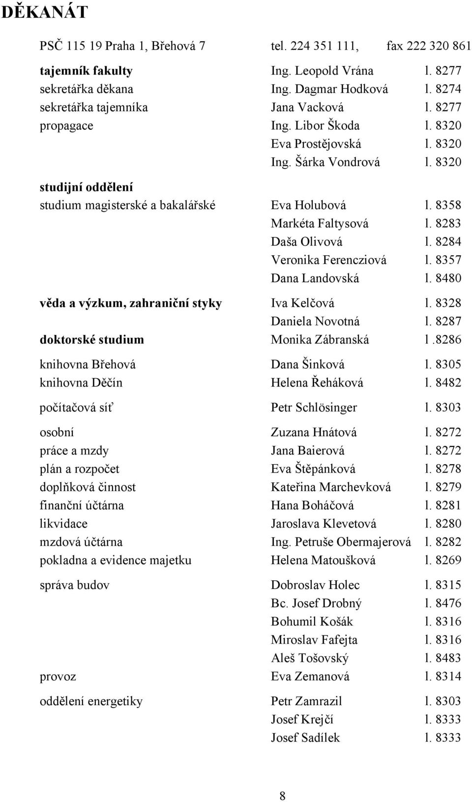 8283 Daša Olivová l. 8284 Veronika Ferencziová l. 8357 Dana Landovská l. 8480 věda a výzkum, zahraniční styky Iva Kelčová l. 8328 Daniela Novotná l. 8287 doktorské studium Monika Zábranská l.
