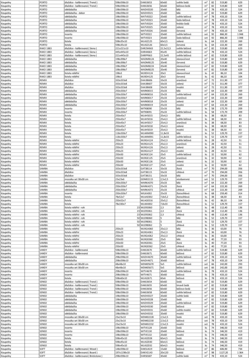 198x598x10 WATVE022 20x60 světle béžová m² 78 433,10 524 Koupelny PORTO obkládačka 198x598x10 WATVE023 20x60 šedo-béžová m² 78 433,10 524 Koupelny PORTO obkládačka 198x598x10 WATVE024 20x60