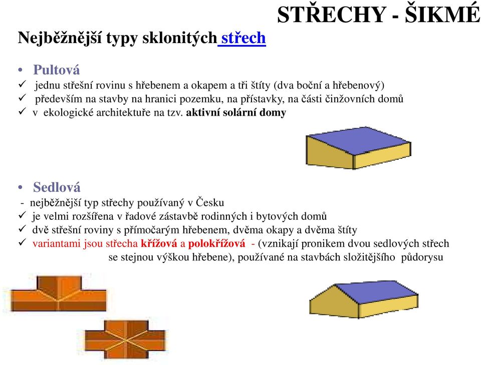 aktivní solární domy Sedlová - nejběžnější typ střechy používaný v Česku je velmi rozšířena v řadové zástavbě rodinných i bytových domů dvě střešní