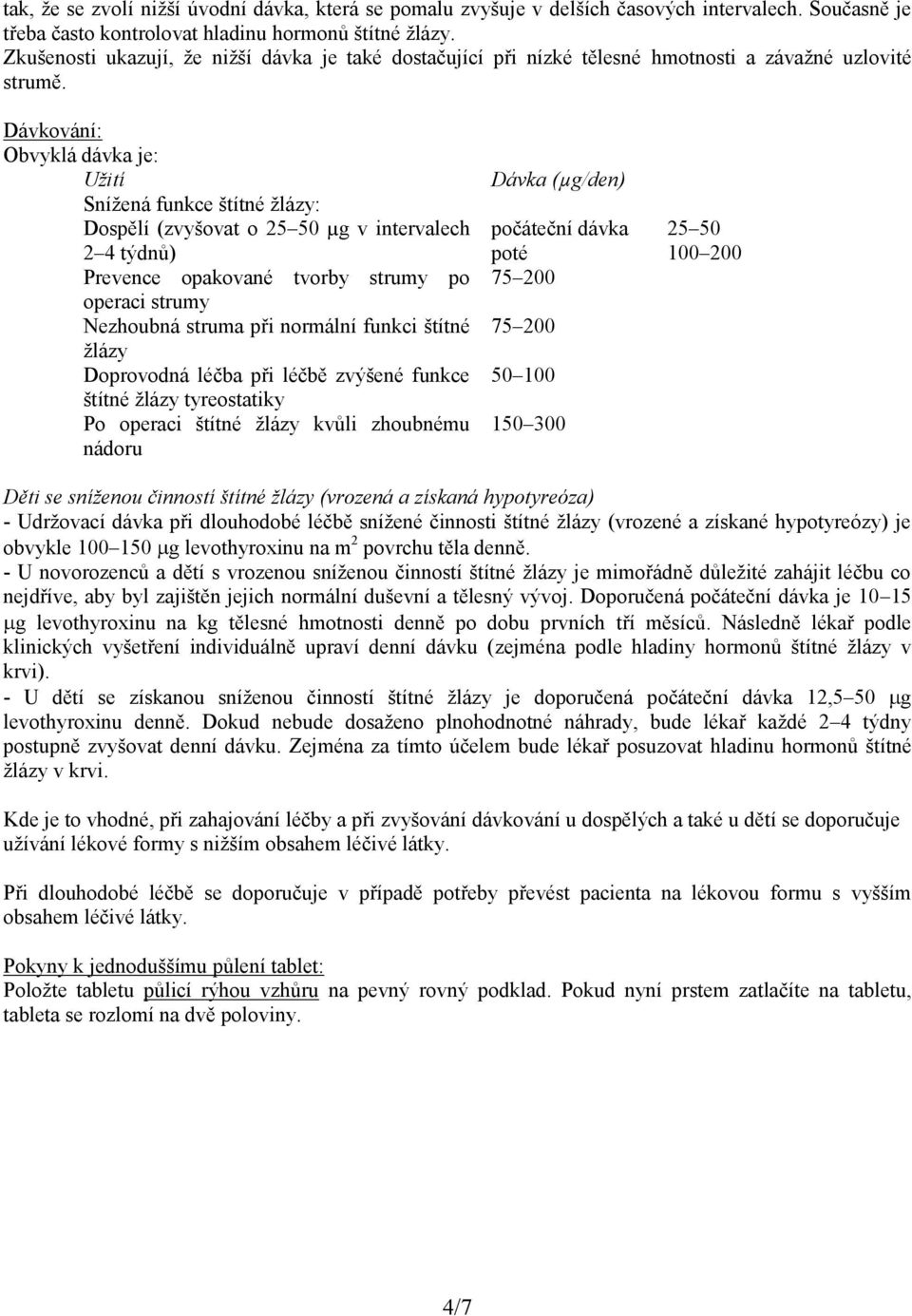 Dávkování: Obvyklá dávka je: Užití Snížená funkce štítné žlázy: Dospělí (zvyšovat o 25 50 µg v intervalech 2 4 týdnů) Prevence opakované tvorby strumy po operaci strumy Nezhoubná struma při normální