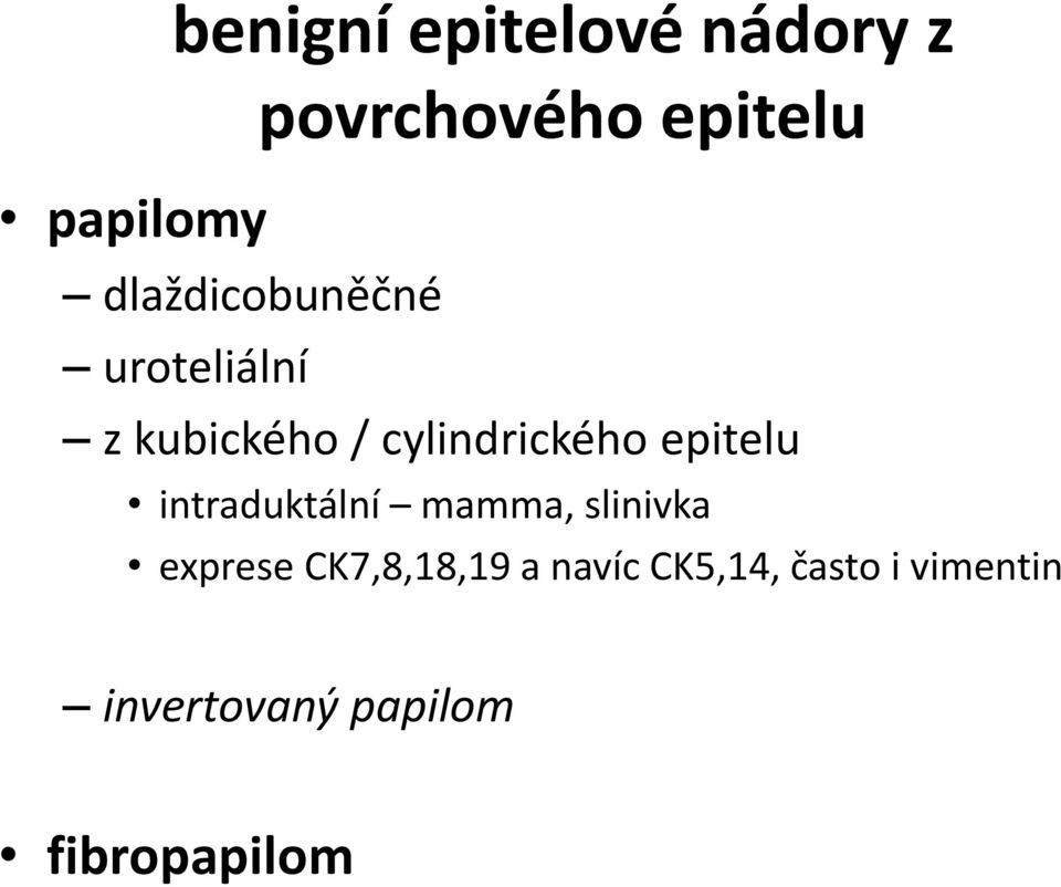 epitelu intraduktální mamma, slinivka exprese CK7,8,18,19